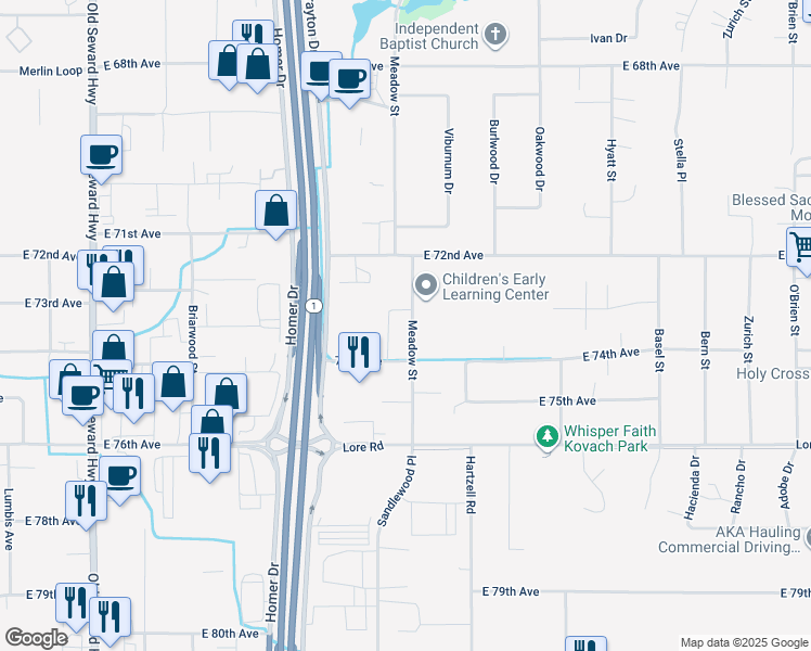 map of restaurants, bars, coffee shops, grocery stores, and more near 7411 Meadow Street in Anchorage