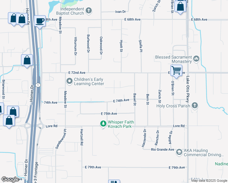 map of restaurants, bars, coffee shops, grocery stores, and more near 2033 East 73rd Avenue in Anchorage