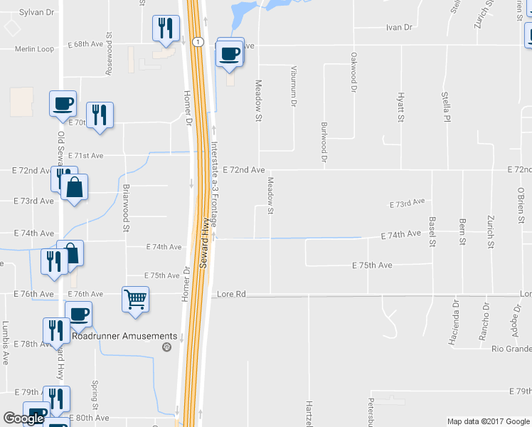 map of restaurants, bars, coffee shops, grocery stores, and more near 7220 Meadow Street in Anchorage