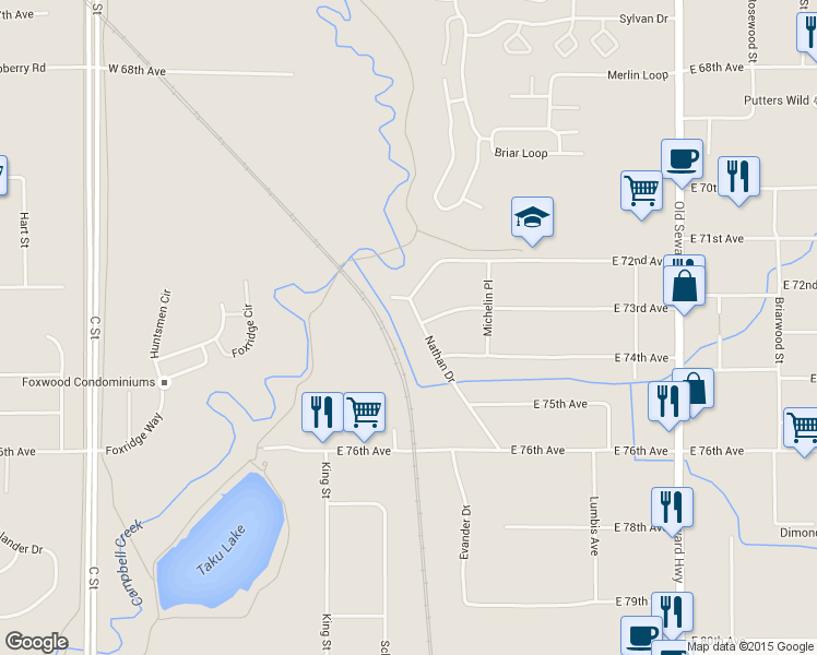 map of restaurants, bars, coffee shops, grocery stores, and more near 506 Nathan Drive in Anchorage