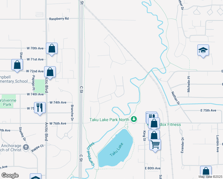 map of restaurants, bars, coffee shops, grocery stores, and more near 7222 Foxridge Circle in Anchorage