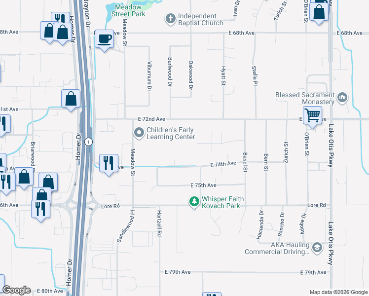 map of restaurants, bars, coffee shops, grocery stores, and more near 1910 East 72nd Avenue in Anchorage
