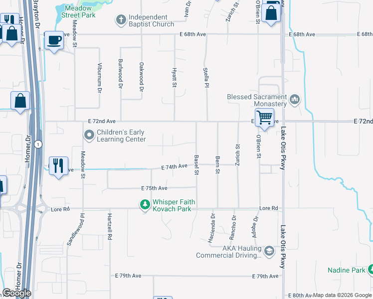 map of restaurants, bars, coffee shops, grocery stores, and more near 2120 East 73rd Avenue in Anchorage