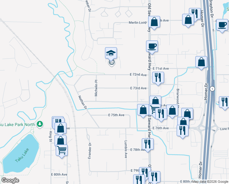 map of restaurants, bars, coffee shops, grocery stores, and more near 707 East 73rd Avenue in Anchorage