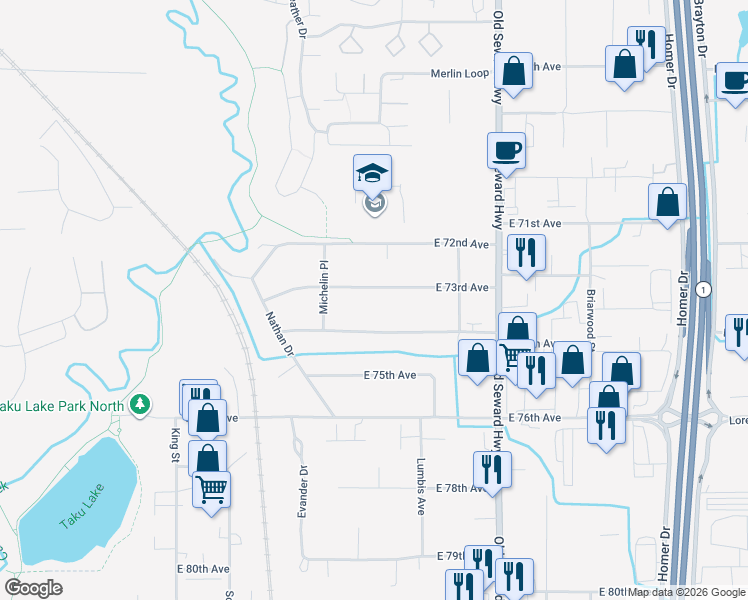 map of restaurants, bars, coffee shops, grocery stores, and more near 707 East 73rd Avenue in Anchorage