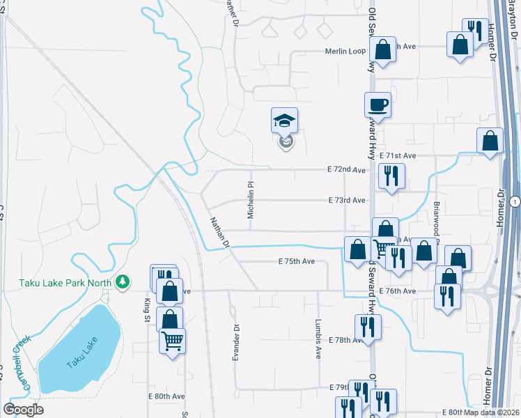 map of restaurants, bars, coffee shops, grocery stores, and more near 7241 Michelin Place in Anchorage