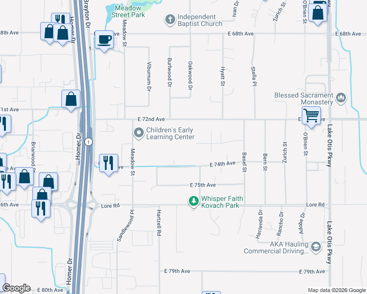 map of restaurants, bars, coffee shops, grocery stores, and more near 1910 East 72nd Avenue in Anchorage