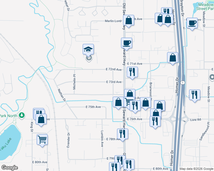 map of restaurants, bars, coffee shops, grocery stores, and more near 835 East 73rd Avenue in Anchorage