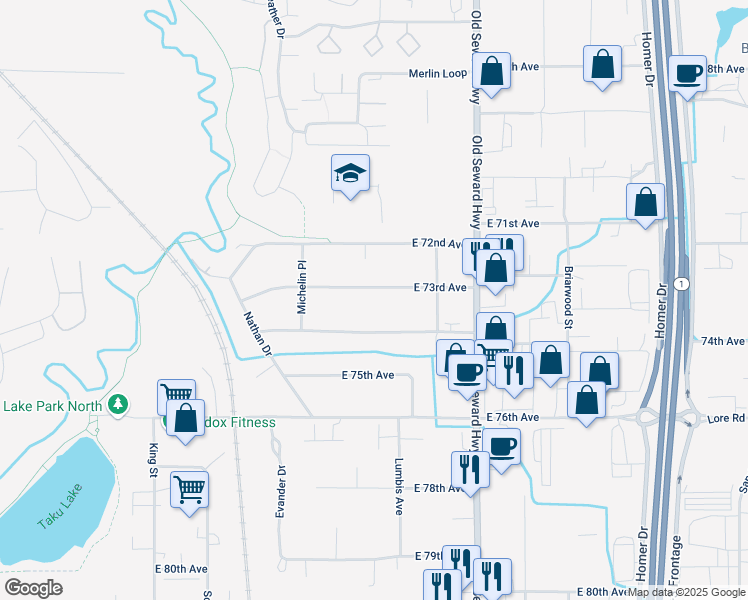 map of restaurants, bars, coffee shops, grocery stores, and more near 801 East 73rd Avenue in Anchorage