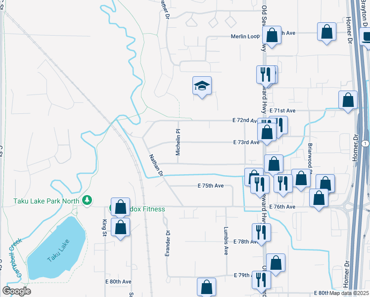 map of restaurants, bars, coffee shops, grocery stores, and more near 7241 Michelin Place in Anchorage