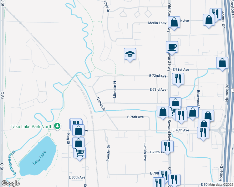 map of restaurants, bars, coffee shops, grocery stores, and more near 7241 Michelin Place in Anchorage