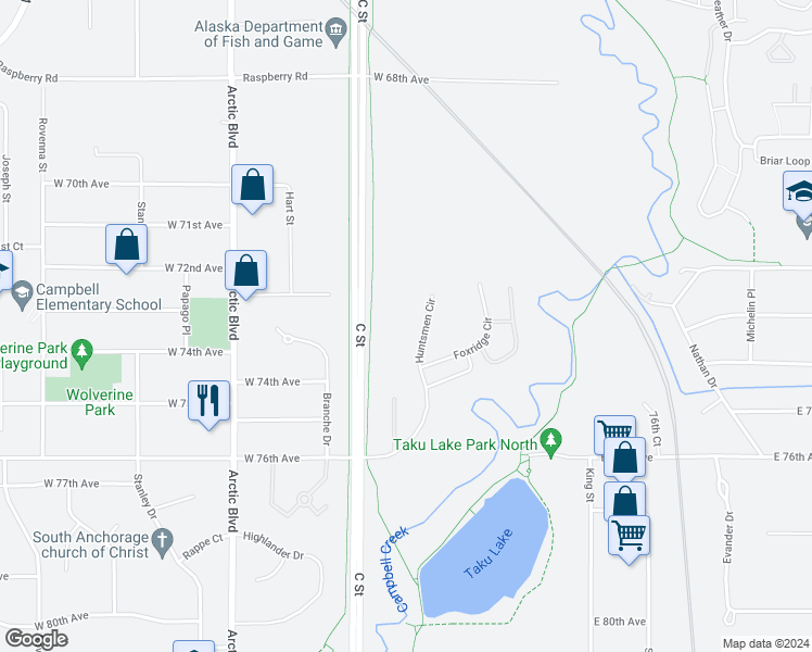 map of restaurants, bars, coffee shops, grocery stores, and more near 7342 Huntsmen Circle in Anchorage