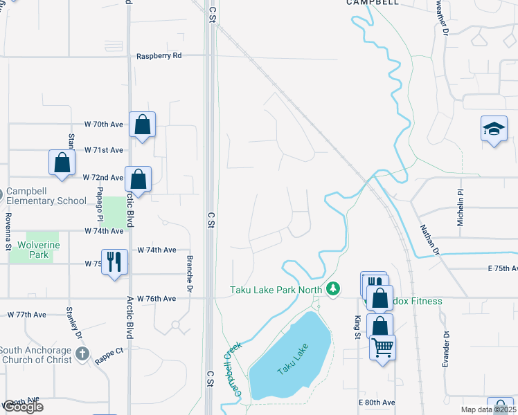 map of restaurants, bars, coffee shops, grocery stores, and more near 7301 Huntsmen Circle in Anchorage