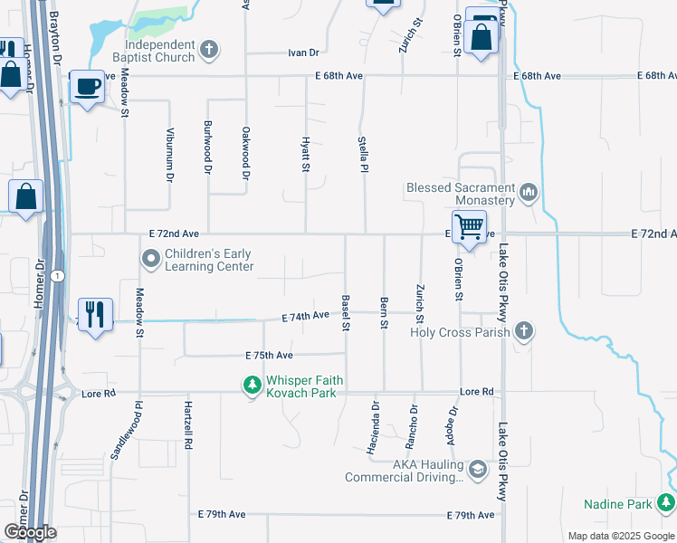 map of restaurants, bars, coffee shops, grocery stores, and more near 2121 East 73rd Avenue in Anchorage