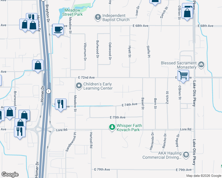 map of restaurants, bars, coffee shops, grocery stores, and more near 1910 East 72nd Avenue in Anchorage