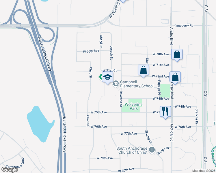 map of restaurants, bars, coffee shops, grocery stores, and more near 7206 Rovenna Street in Anchorage