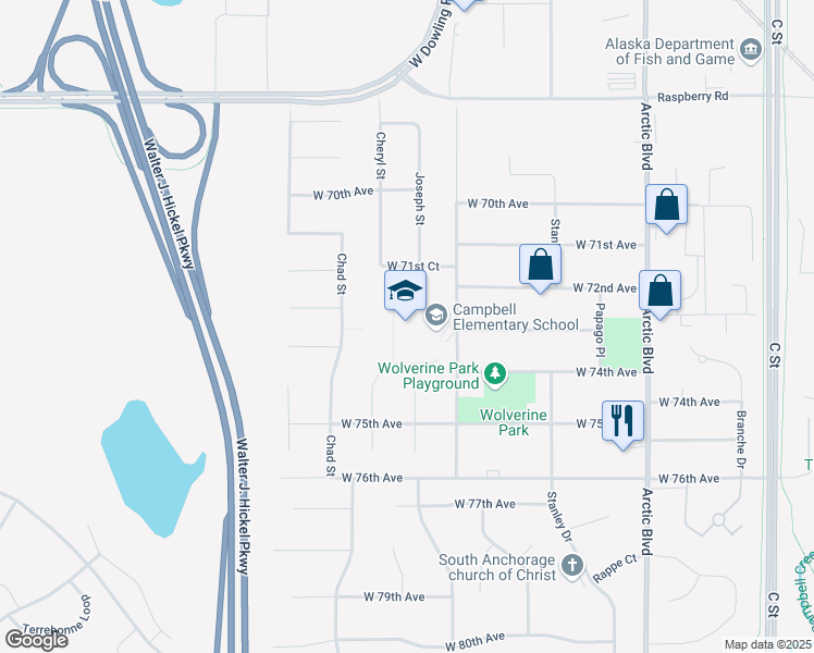 map of restaurants, bars, coffee shops, grocery stores, and more near 7206 Rovenna Street in Anchorage