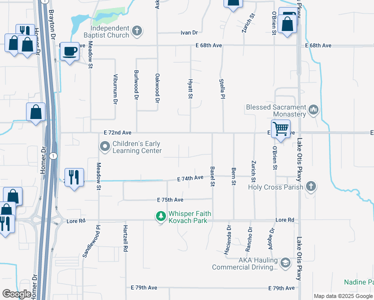 map of restaurants, bars, coffee shops, grocery stores, and more near 2033 East 73rd Avenue in Anchorage