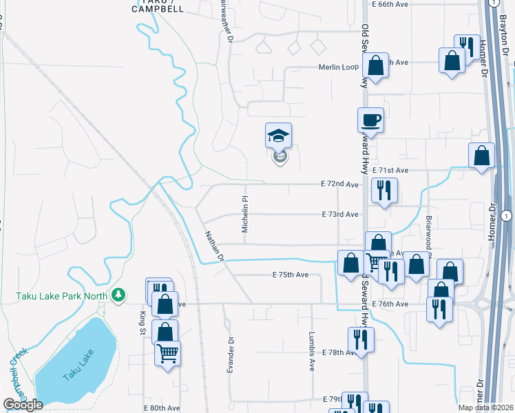 map of restaurants, bars, coffee shops, grocery stores, and more near 7241 Michelin Place in Anchorage