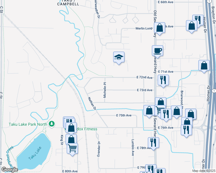 map of restaurants, bars, coffee shops, grocery stores, and more near 7241 Michelin Place in Anchorage