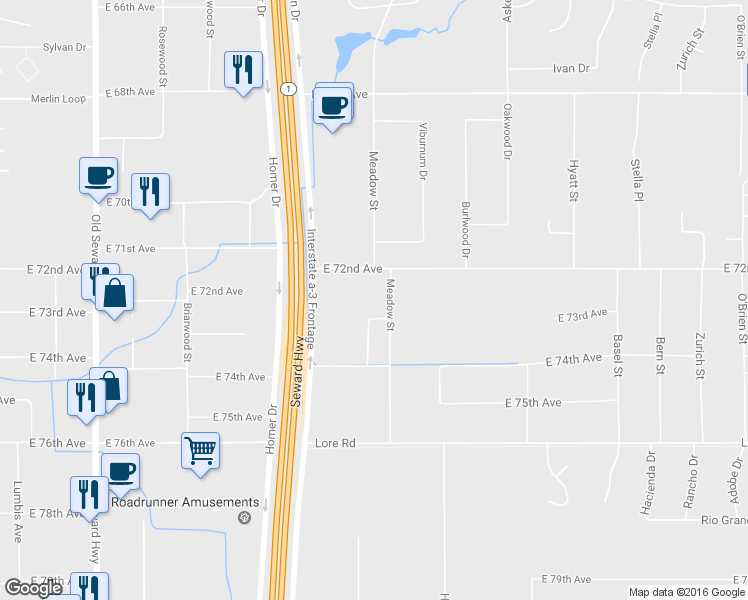map of restaurants, bars, coffee shops, grocery stores, and more near 7220 Meadow Street in Anchorage