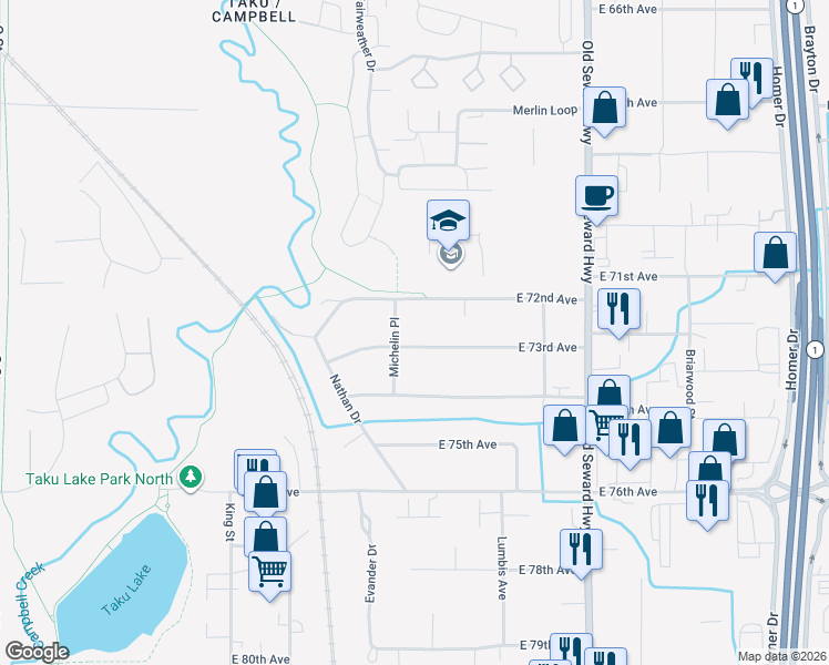 map of restaurants, bars, coffee shops, grocery stores, and more near 7241 Michelin Place in Anchorage
