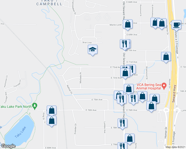 map of restaurants, bars, coffee shops, grocery stores, and more near 707 E 73rd Ave in Anchorage