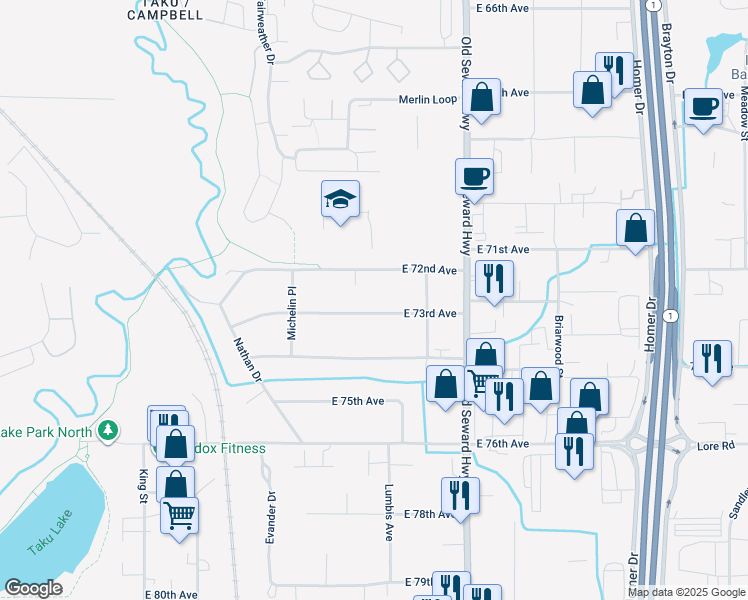 map of restaurants, bars, coffee shops, grocery stores, and more near 801 East 73rd Avenue in Anchorage