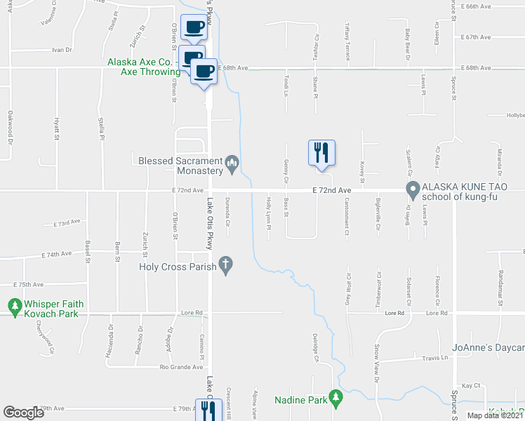 map of restaurants, bars, coffee shops, grocery stores, and more near 7256 Holly Lynn Place in Anchorage