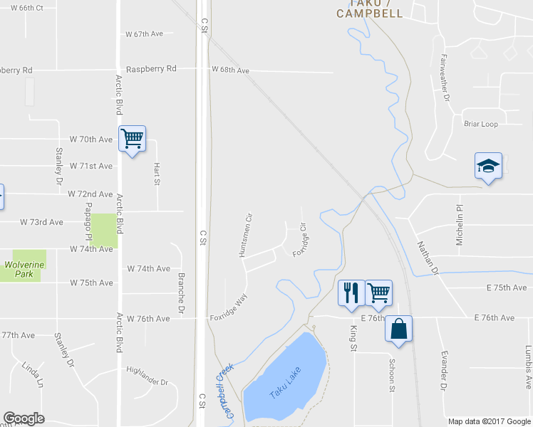 map of restaurants, bars, coffee shops, grocery stores, and more near 7222 Foxridge Circle in Anchorage
