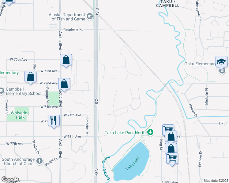map of restaurants, bars, coffee shops, grocery stores, and more near 7341 Huntsmen Circle in Anchorage