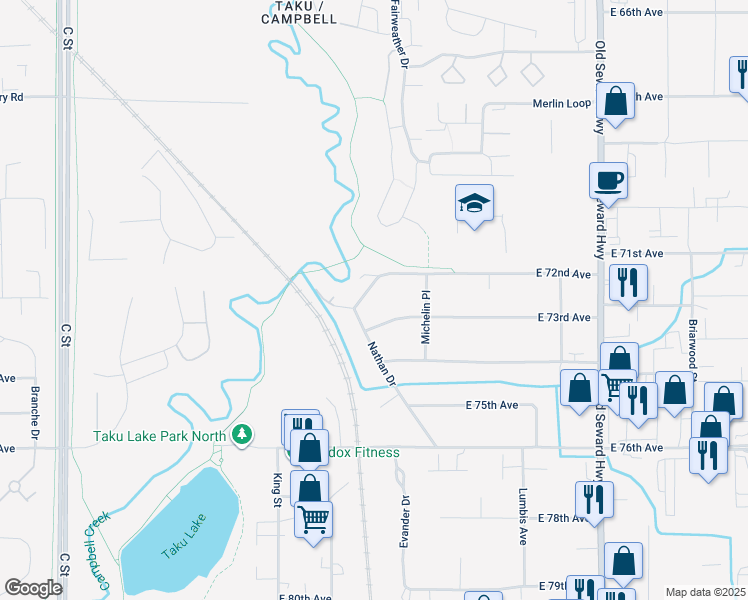 map of restaurants, bars, coffee shops, grocery stores, and more near 506 Nathan Dr in Anchorage
