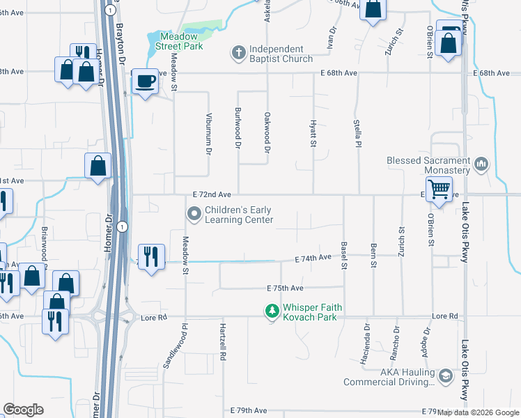 map of restaurants, bars, coffee shops, grocery stores, and more near 1910 East 72nd Avenue in Anchorage