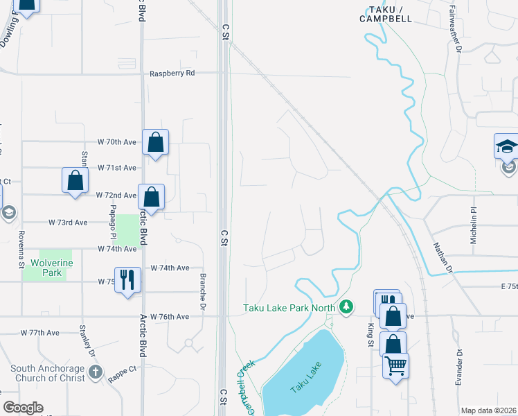 map of restaurants, bars, coffee shops, grocery stores, and more near 7240 Foxridge Circle in Anchorage