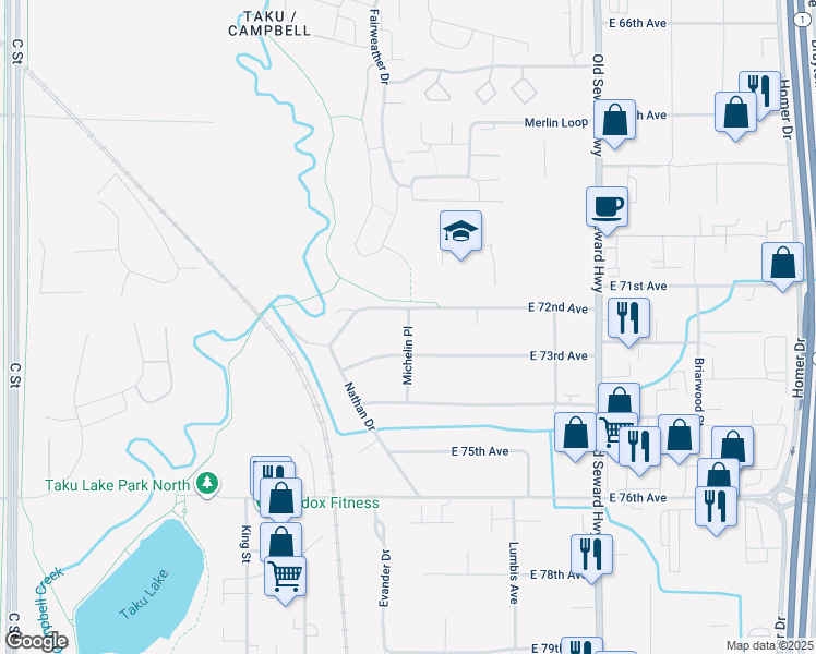 map of restaurants, bars, coffee shops, grocery stores, and more near 7241 Michelin Place in Anchorage