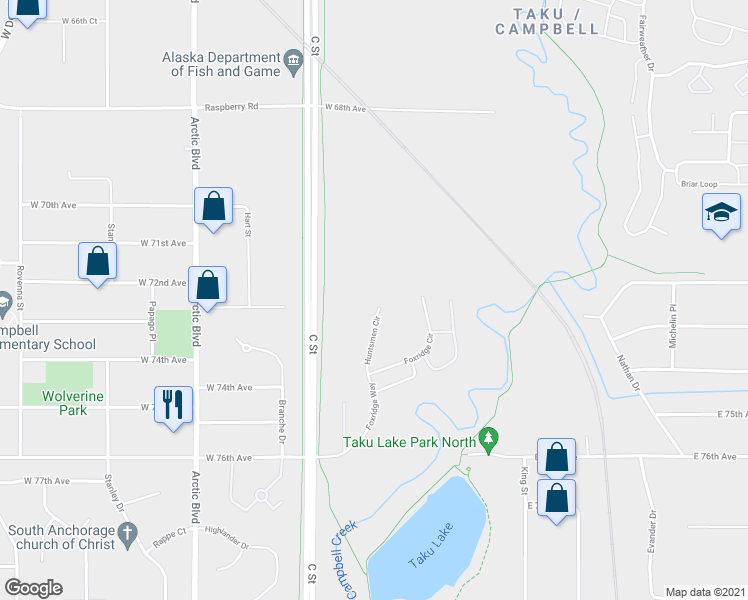 map of restaurants, bars, coffee shops, grocery stores, and more near 7240 Foxridge Circle in Anchorage
