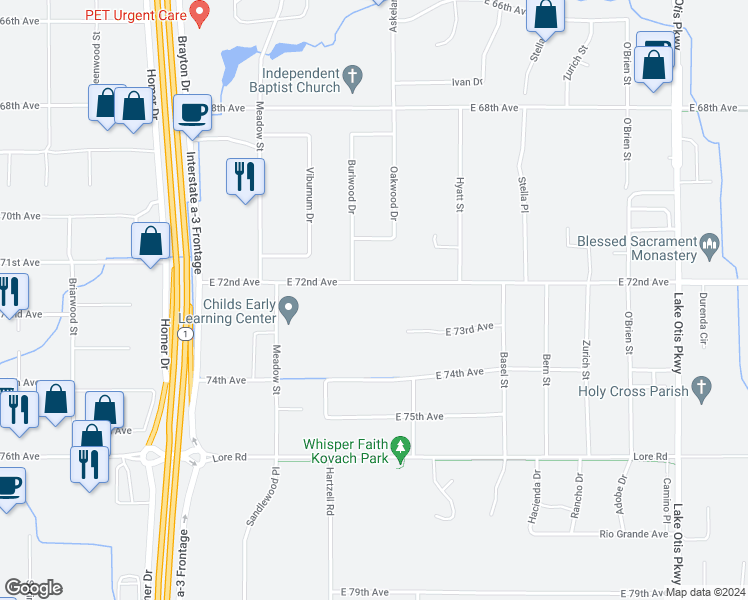 map of restaurants, bars, coffee shops, grocery stores, and more near 1900 East 72nd Avenue in Anchorage