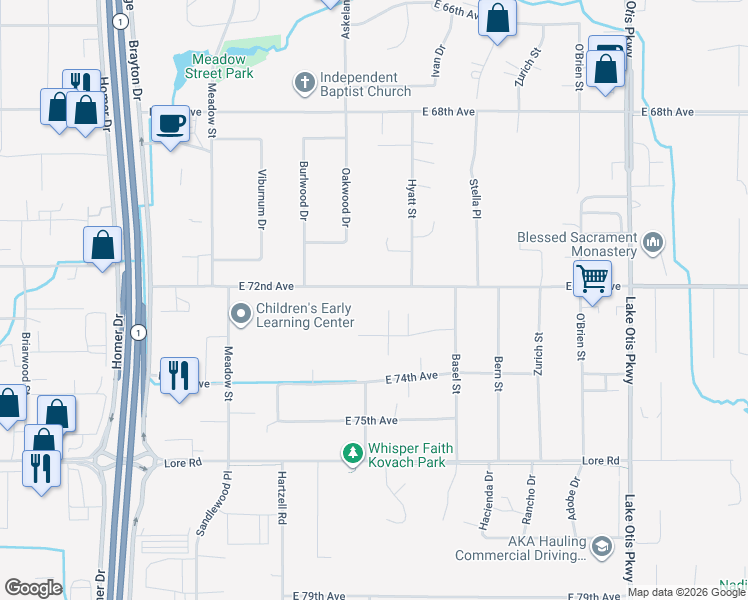 map of restaurants, bars, coffee shops, grocery stores, and more near 2000 East 72nd Avenue in Anchorage