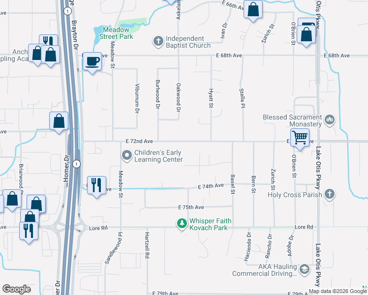 map of restaurants, bars, coffee shops, grocery stores, and more near 2000 East 72nd Avenue in Anchorage