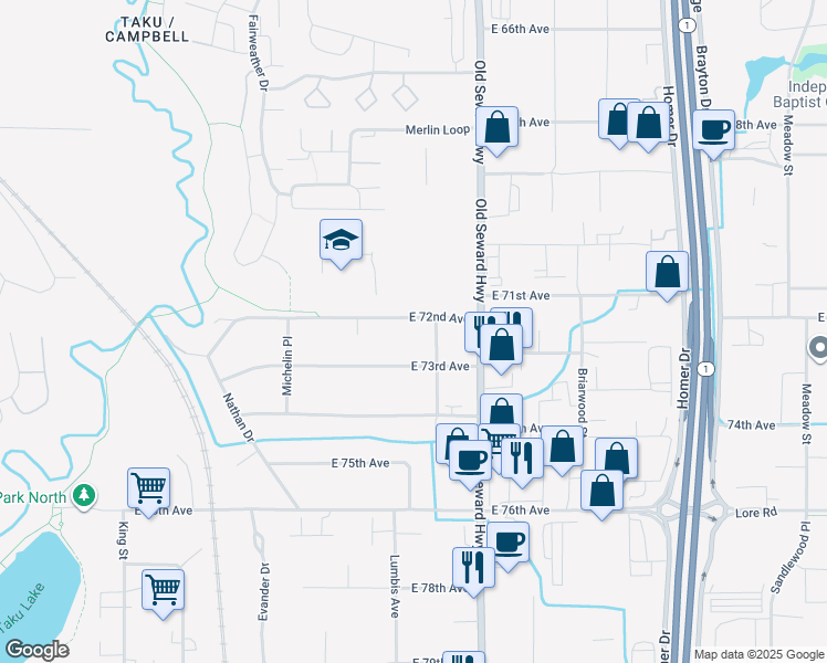 map of restaurants, bars, coffee shops, grocery stores, and more near 835 East 73rd Avenue in Anchorage