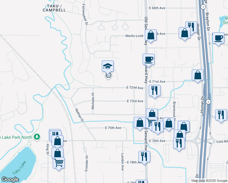 map of restaurants, bars, coffee shops, grocery stores, and more near 730 East 72nd Avenue in Anchorage