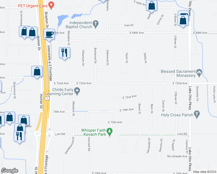 map of restaurants, bars, coffee shops, grocery stores, and more near 1920 East 72nd Avenue in Anchorage