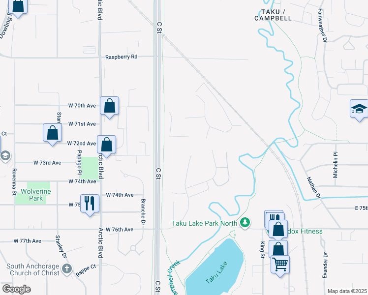 map of restaurants, bars, coffee shops, grocery stores, and more near 7240 Foxridge Circle in Anchorage
