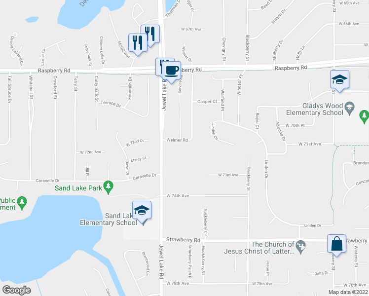 map of restaurants, bars, coffee shops, grocery stores, and more near 7001 Jewel Lake Road in Anchorage