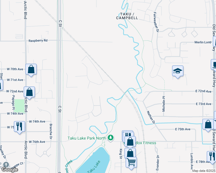 map of restaurants, bars, coffee shops, grocery stores, and more near 7232 Foxridge Circle in Anchorage
