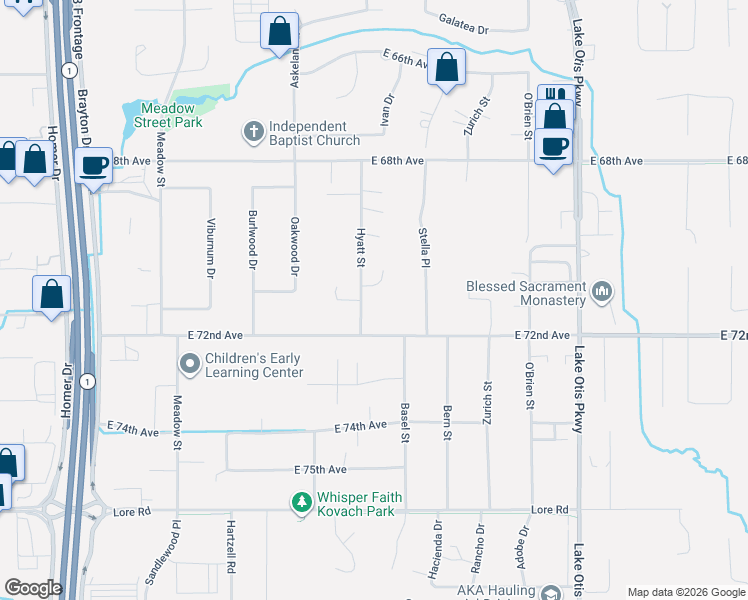 map of restaurants, bars, coffee shops, grocery stores, and more near 7111 Hyatt Street in Anchorage