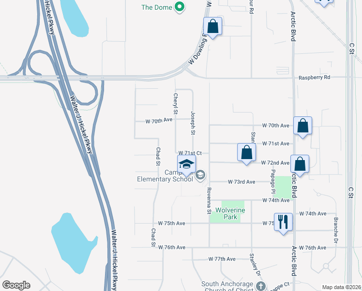 map of restaurants, bars, coffee shops, grocery stores, and more near 7041 Cheryl Street in Anchorage