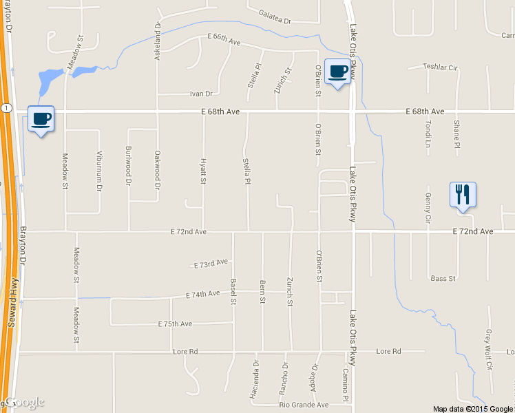map of restaurants, bars, coffee shops, grocery stores, and more near 7119 Stella Place in Anchorage