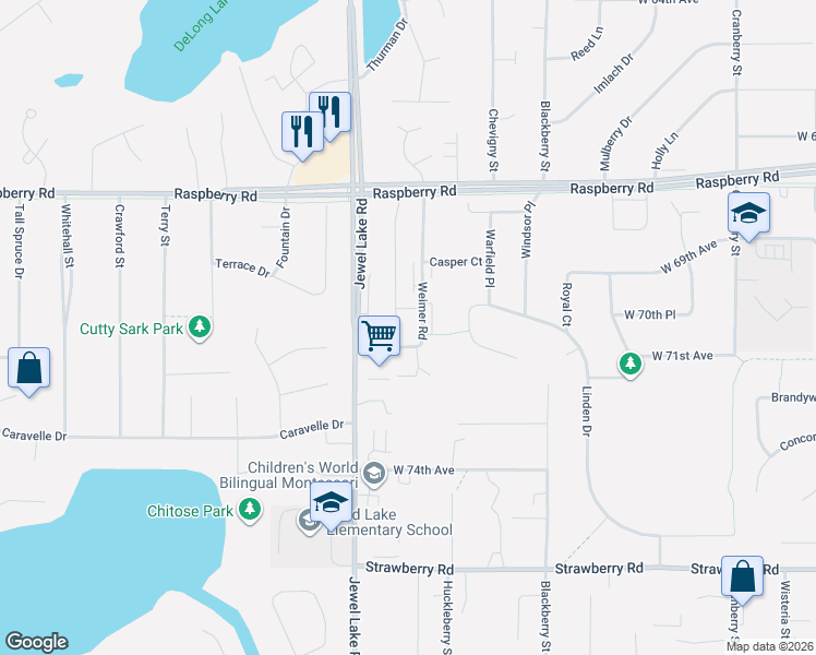 map of restaurants, bars, coffee shops, grocery stores, and more near 7001 Jewel Lake Road in Anchorage