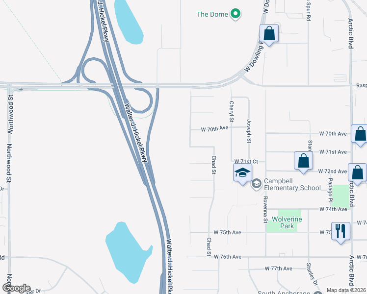 map of restaurants, bars, coffee shops, grocery stores, and more near 7030 Chad Street in Anchorage